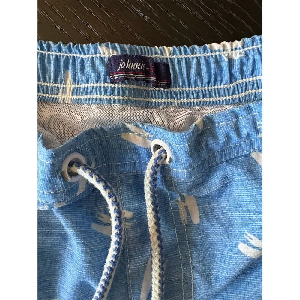 johnnie-O Boys Swim Shorts M SZ 8/10 Blue Surfboard‎ Print Summer Trunks